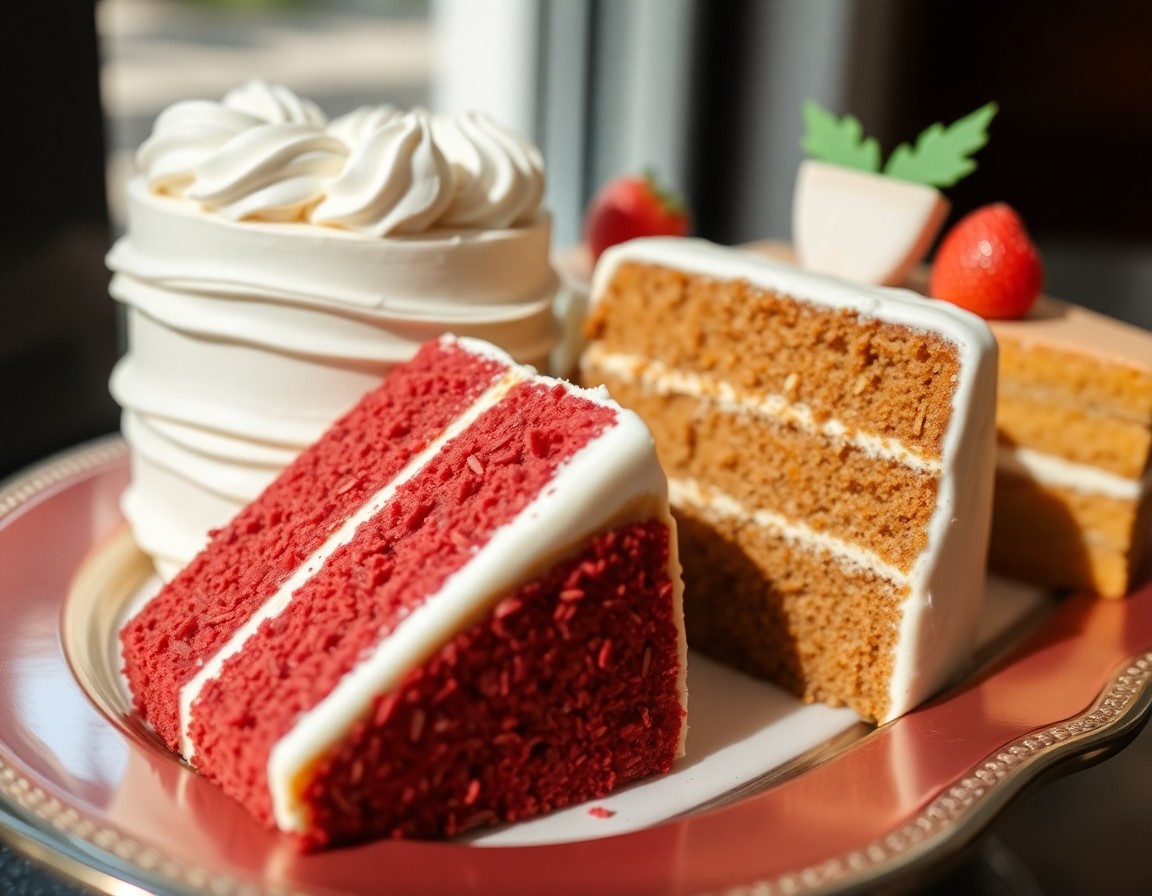 Variety of layered cakes including red velvet and carrot cake