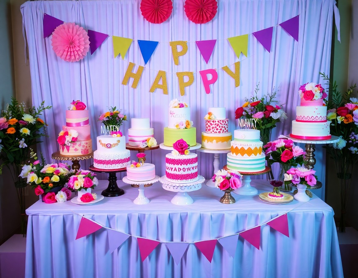 Table of beautifully styled layered cakes for celebration
