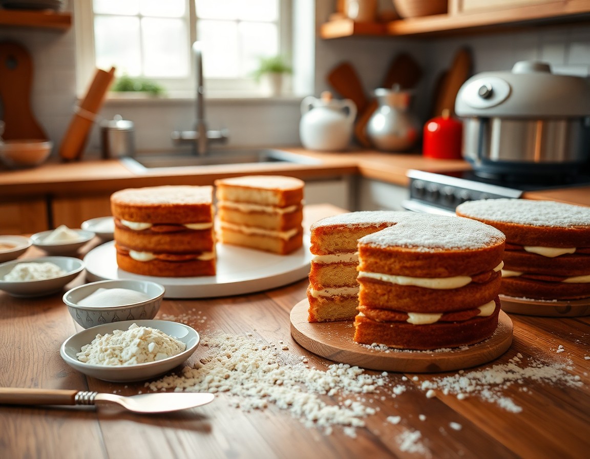 Cozy kitchen with freshly baked layered cakes