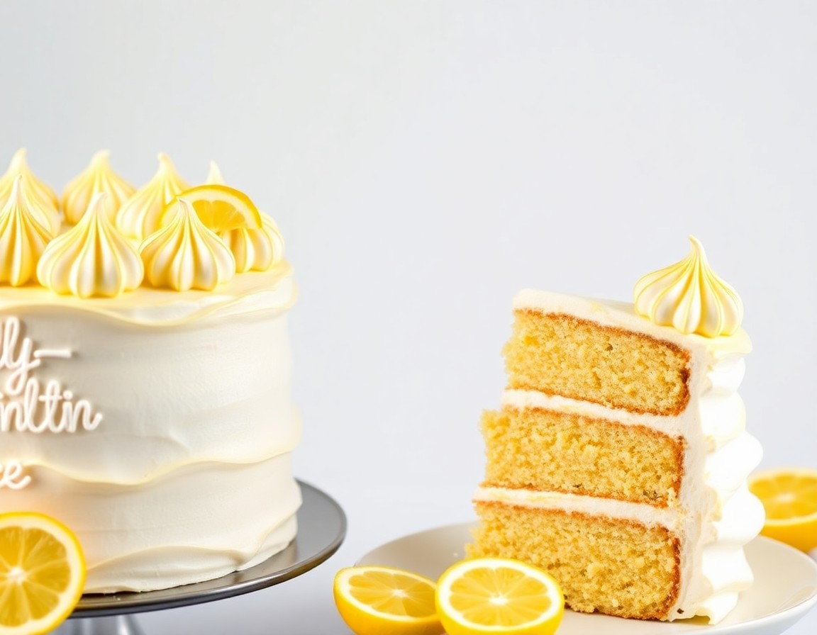 Zesty lemon meringue layer cake with fresh lemon slices